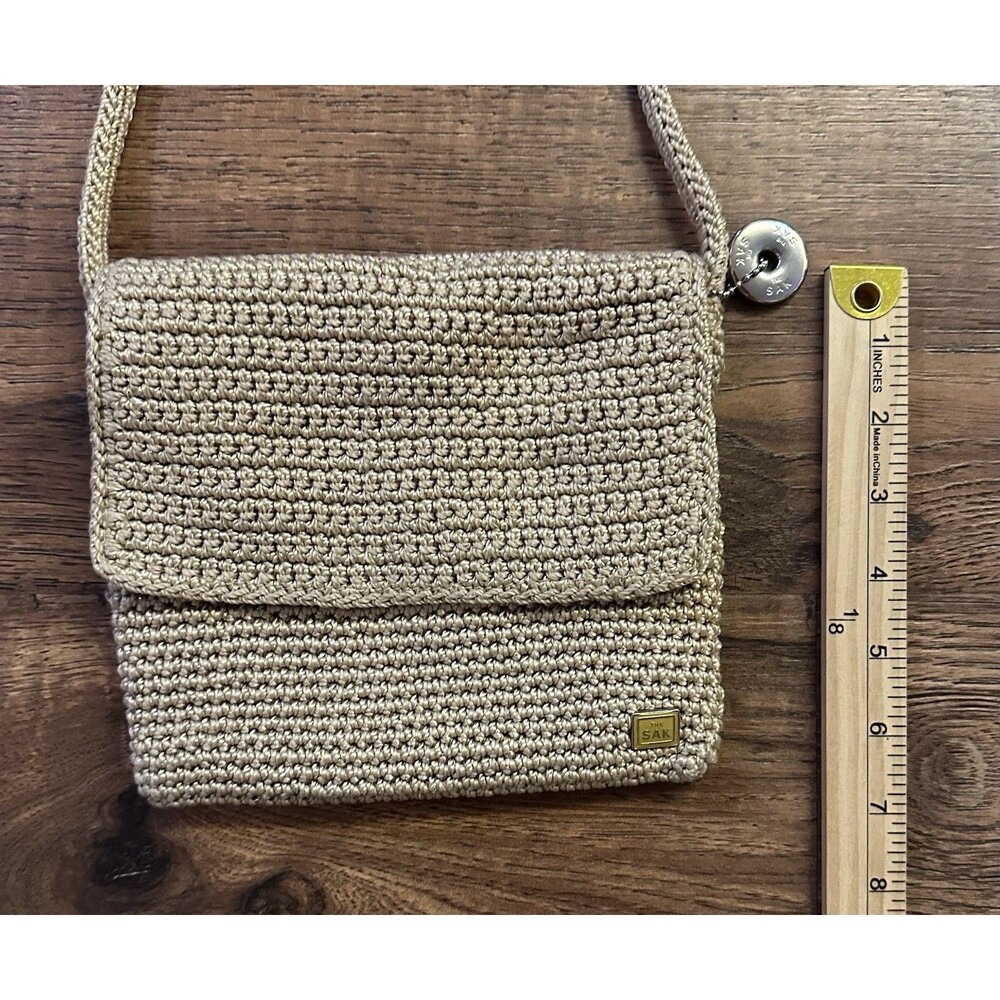 The Sak Gold Metallic Crochet Crossbody Bag Boho Knit Small Flap Purse - Picture 7 of 8